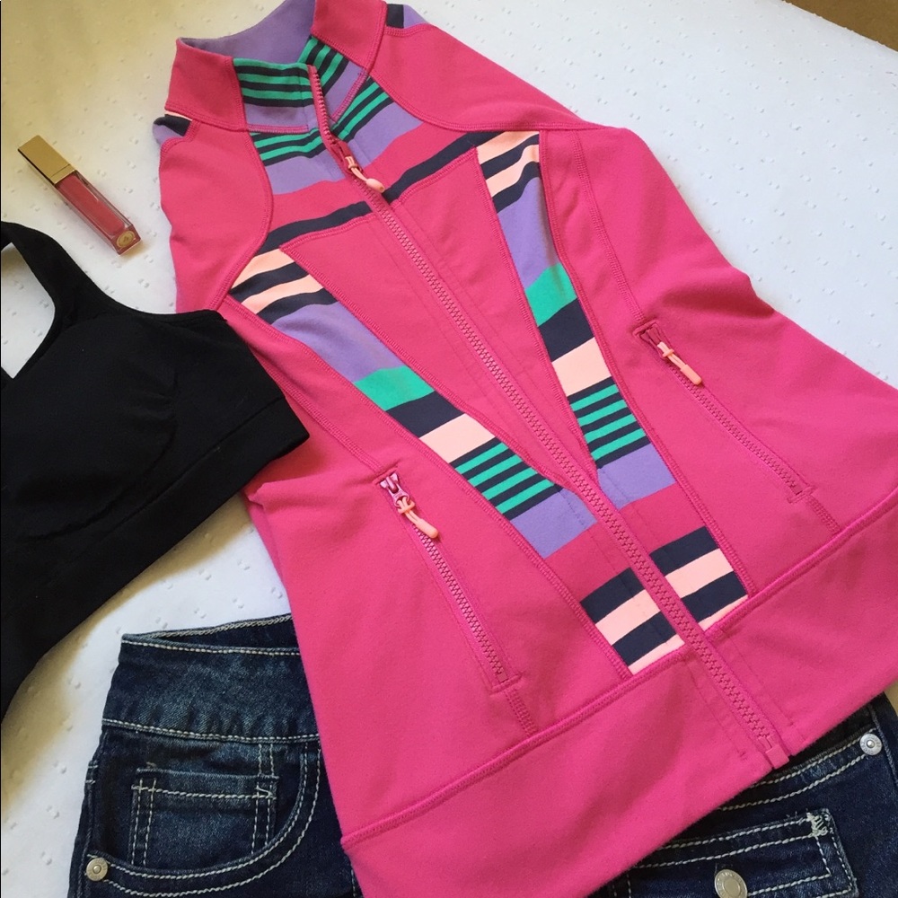 Ivivva Girls Pink Zip Front Vest with Multi-Color Stripe Panels